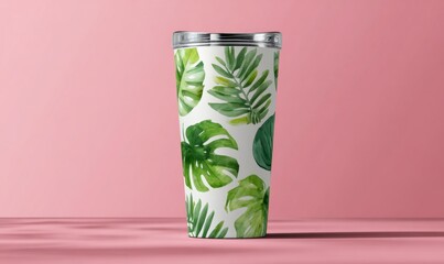 Tropical Leaf Pattern on Insulated Cup with Pink Background