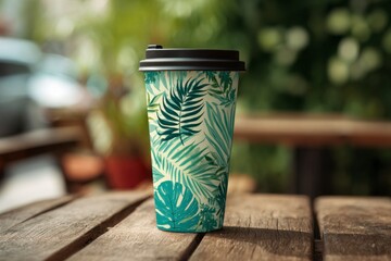 Tropical Leaf Pattern Coffee Cup on a Wooden Table in a Cafe