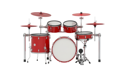 Isolated drum kit with shiny red shells and hardware for studio recording session
