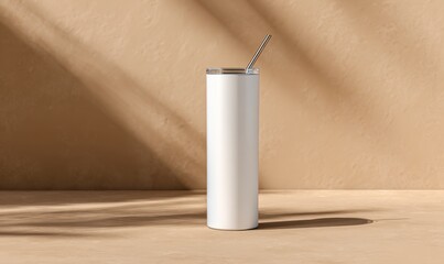 Minimalist White Tumbler with Straw Against Warm Beige Background