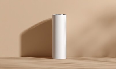 Minimalist White Cylinder on Soft Beige Background with Shadow