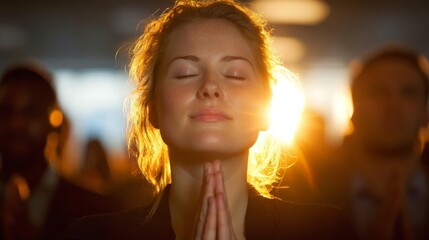 A serene woman meditates with closed eyes, hands clasped together, bathed in warm backlight creating a halo effect,