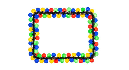 Isolated frame of colorful string lights, red green blue and yellow, party lights border