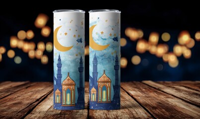 Decorative beverage containers with moon and mosque design at night