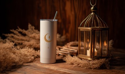 Elegant White Tumbler with Moon Design and Lantern on Wooden Table