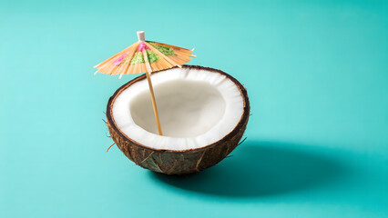 Delicious fresh coconut cream halved with a decorative umbrella for tropical refreshment