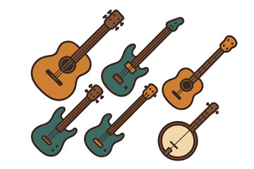 Fototapeta premium Diverse collection of string musical instruments featuring acoustic guitars, electric guitars, and a banjo