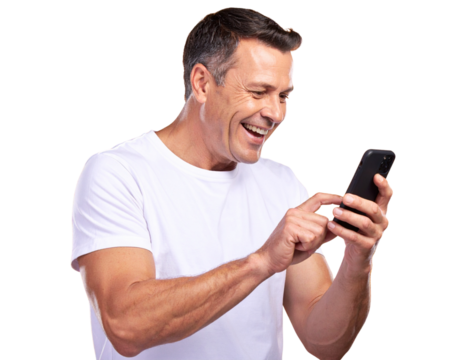 Side Profile of Happy Middle-Aged Man Looking at Smartphone Screen, isolated transparent background PNG