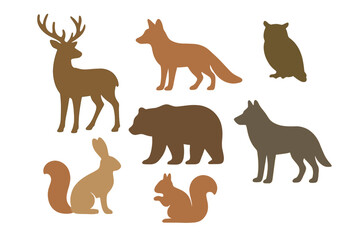 Obraz premium Collection of forest animal silhouettes featuring deer, fox, bear, owl, rabbit, squirrel, and wolf