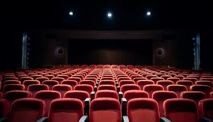 Fototapeta premium rows of empty red theater seats recede into dark shadows providing a captivating perspective