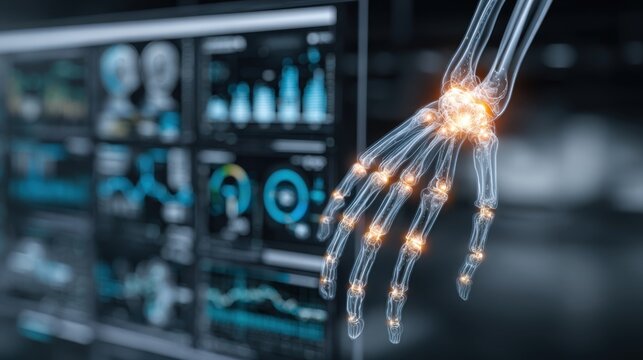 Futuristic robotic hand with glowing joints is displayed against a backdrop of digital data analytics, showcasing advanced technology and innovation in robotics and artificial intelligence