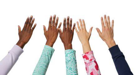 Isolated multiracial hands in the air for diversity and inclusion concept, wellbeing, and acceptance