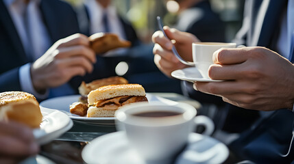 A close-up of businesspeople enjoying coffee and sandwiches during an outdoor business lunch.