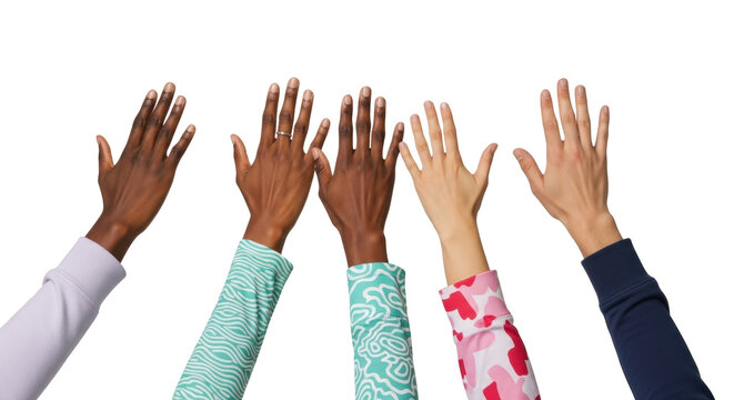 Isolated multiracial hands in the air for diversity and inclusion concept, wellbeing, and acceptance