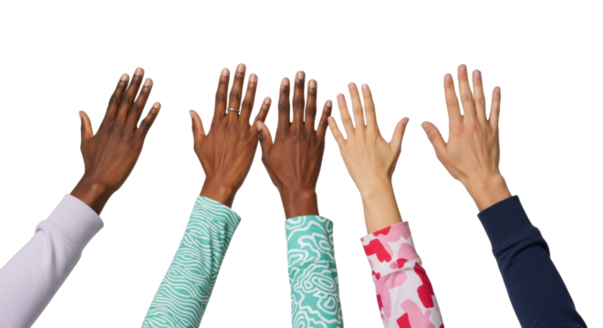 Isolated multiracial hands in the air for diversity and inclusion concept, wellbeing, and acceptance - Powered by Adobe