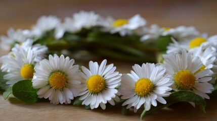 Obraz premium A white floral mandala with vibrant yellow centers and green leaves arranged on a rustic wooden surface,