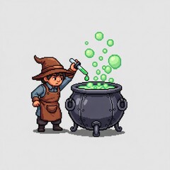茶色の帽子の男が緑の液体を大釜に落とすピクセルアート