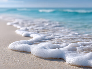 Calm beach with wave and seafoam on sand for mental health and self care. peaceful tropical escape for relaxation and tranquility on sunny day