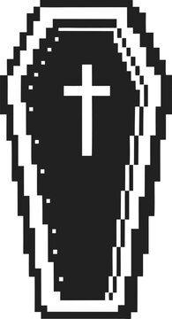 Pixel art coffin with white cross, black outline, minimal retro grave symbol, funeral death icon for digital design