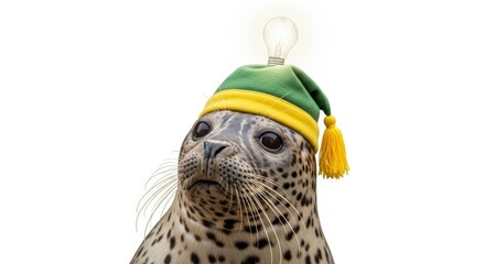 seal wearing a thinking cap, creative thinking, idea generating, on a solid white background