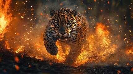 Powerful jaguar leaps through fiery jungle landscape, showcasing raw energy and untamed beauty, perfect for adventure, wildlife, or dynamic themes with a fierce captivating essence