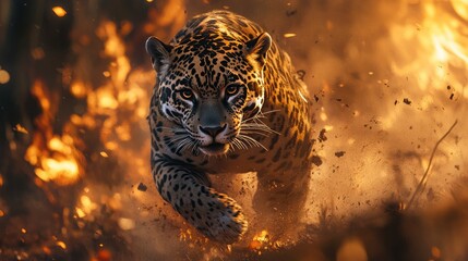 Majestic jaguar prowling powerfully through golden dust, a dramatic predator portrait exuding strength and primal energy, perfect for wildlife enthusiasts and conservation campaigns