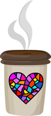 Vector Coffee Cup with Stained Glass Heart and Steam.This graphic is perfect for themes related to love, coffee, romance, warmth, Saint Valentine's Day, or daily routines
