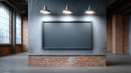 Blank screen mockup on concrete and brick wall for digital or print display. An industrial gallery background with dramatic spotlight illumination creates sophisticated presentation space