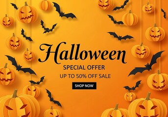 Halloween special offer sale with pumpkins, bats and orange background