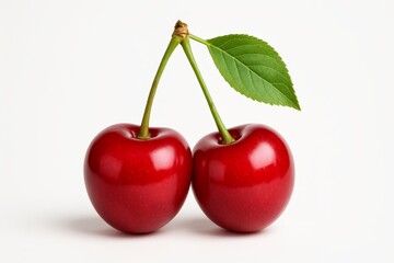 Two glossy red cherries with green stems and a single leaf isolated on white background, showcasing fresh fruit in a creative food concept image. Ai generative