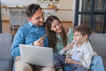 Bonding, smile and family with laptop, online shopping and credit card for virtual purchase or browsing. Home, happy and choice for digital products on website, ecommerce and people with tech to pay