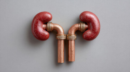 Creative concept of human kidney made from copper plumbing pipe showing metaphor for urinary system problem or chronic kidney disease on gray background