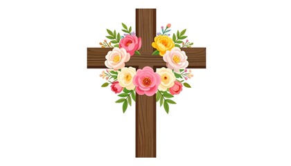 Fototapeta premium Wooden cross adorned with pastel flowers
