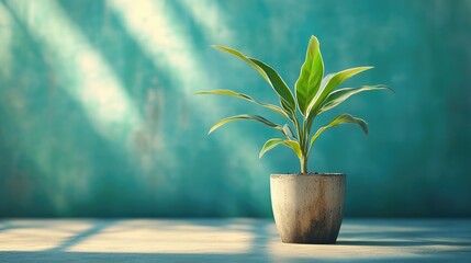Brighten your brand with this vibrant potted plant basking in sunlight against a calming teal backdrop creating a refreshing and optimistic visual for your business promotion