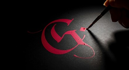 Artistic creation of an illuminated manuscript with calligraphy and brushwork on dark background