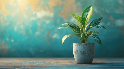 Bring a touch of nature indoors with this beautiful potted plant against an elegant teal backdrop, perfect for adding a calm and sophisticated feel to any project or design