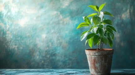 Bring nature indoors with a vibrant green potted plant against a calming teal backdrop, perfect for adding a touch of tranquility and organic beauty to your designs and projects