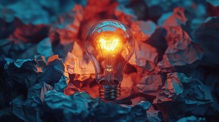 Illuminating idea concept featuring glowing lightbulb surrounded by crumpled paper, sparking creativity and innovation, perfect for business inspiration and inventive solutions