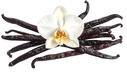 Vanilla pods, flower, and leaves, showcasing natural aroma