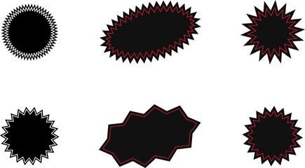 Black friday sticker. Red shopping labels collection. Sale or discount sticker. Starburst sticker set. Special offer price tag. Supermarket promotional badge. Promo stickers with star edges. Vector.