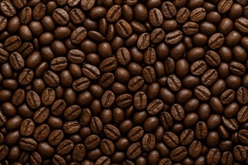 Fototapeta premium Close-up of roasted coffee beans forming a seamless pattern on dark background, emphasizing food texture and creative culinary design concept. Ai generative