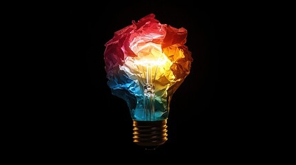 Brilliant idea glows with vibrant colors, a unique lightbulb wrapped in colorful paper radiates creativity and innovation on a black background, concept of imagination