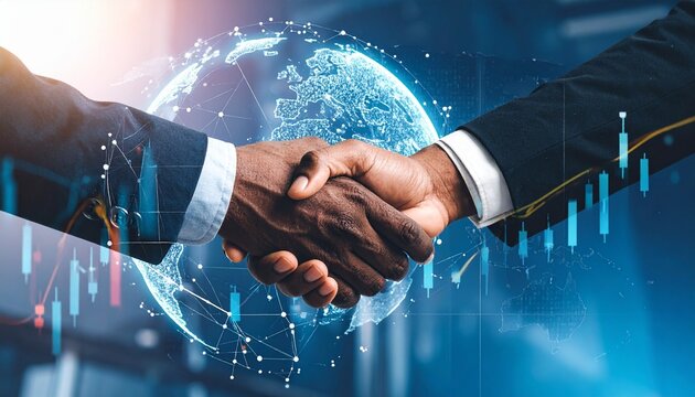 A handshake overlays stock charts and a digital globe, symbolizing global financial partnership. - Powered by Adobe