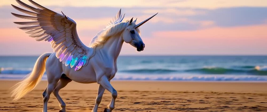 Majestic winged unicorn gracefully traverses sandy beach at sunset, a dreamy fantasy scene unfolding