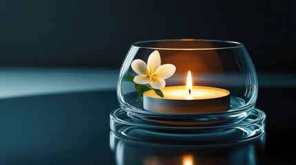 Find peace with this serene candle and delicate flower, perfect for meditation or relaxation promotions, creating a calming and tranquil atmosphere for your audience