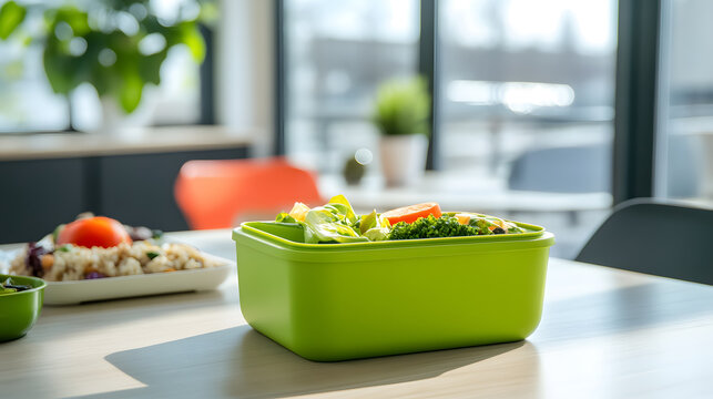 A close-up of a green lunchbox on a work desk, promoting healthy eating and clean food habits for a balanced diet.