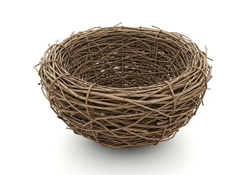A birds nest made from twigs empty and detailed isolated on a white background 