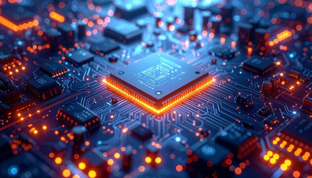 A glowing microchip pulses on a motherboard, surrounded by intricate circuitry and orange-lit components.