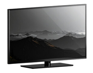 Top-Down or Slightly Elevated View of Large Modern Black TV Mockup, Isolated Transparent Background PNG