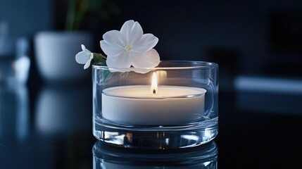 Create a soothing, modern atmosphere with this elegant candle and flower arrangement, perfect for mindful relaxation, spa treatments, or creating a cozy, inviting ambiance at home